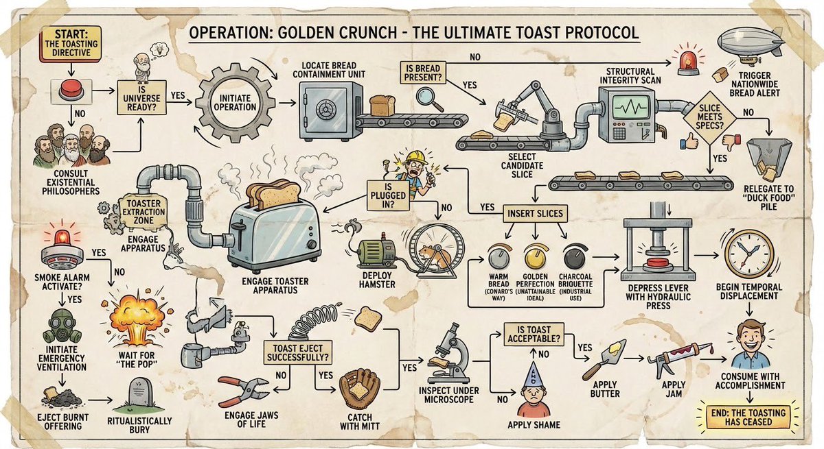 Wacky flowchart for toasting bread — example 1