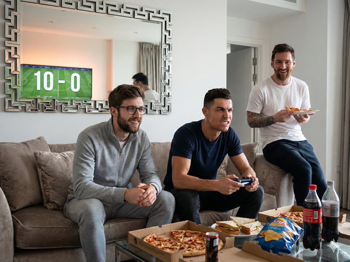 Hyper-Realistic Cinematic Scene of Ronaldo Losing a Video Game to Subject — example 1