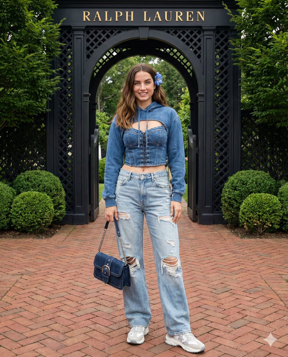 Y2K Denim-on-Denim Fashion Shot in Garden Setting — example 1