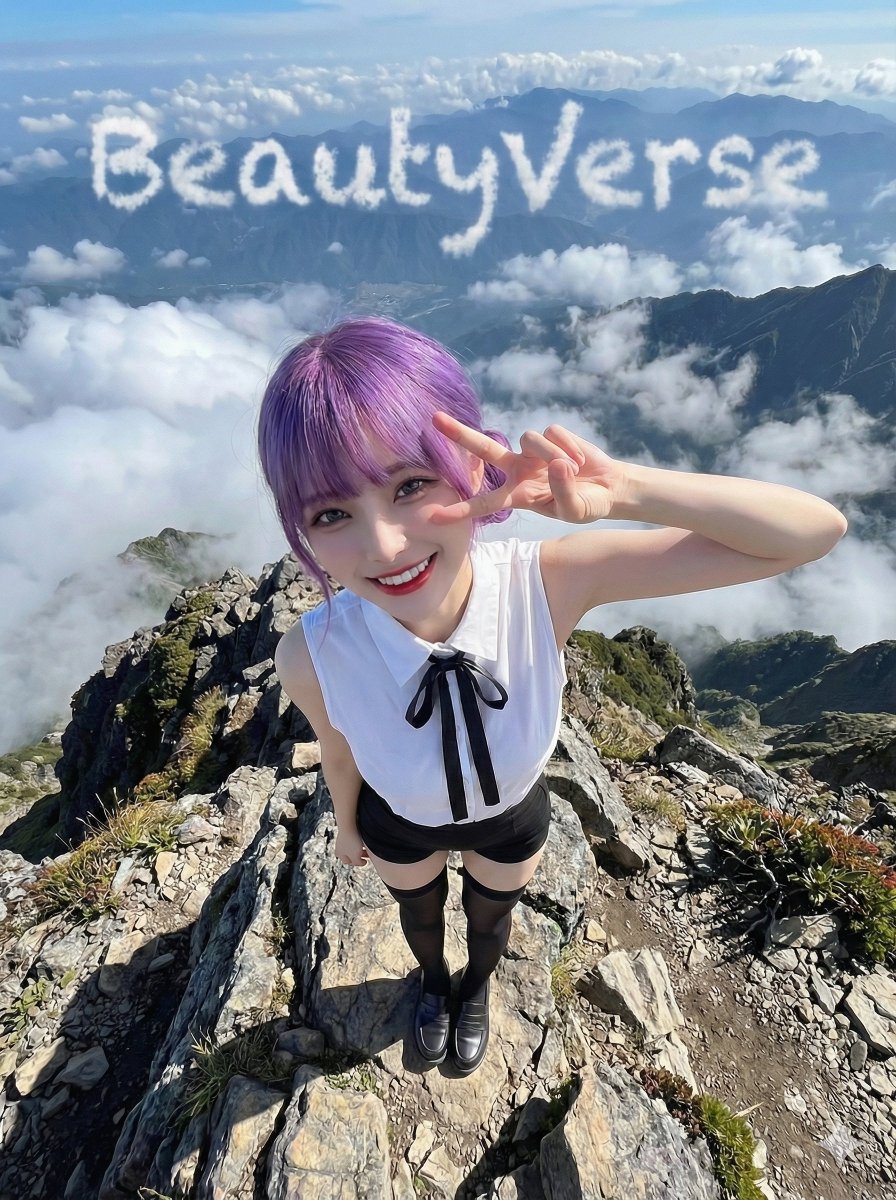Character on a High Mountain Peak with Text in Clouds — example 1