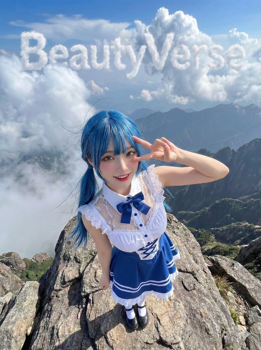Character on a High Mountain Peak with Text in Clouds — example 2