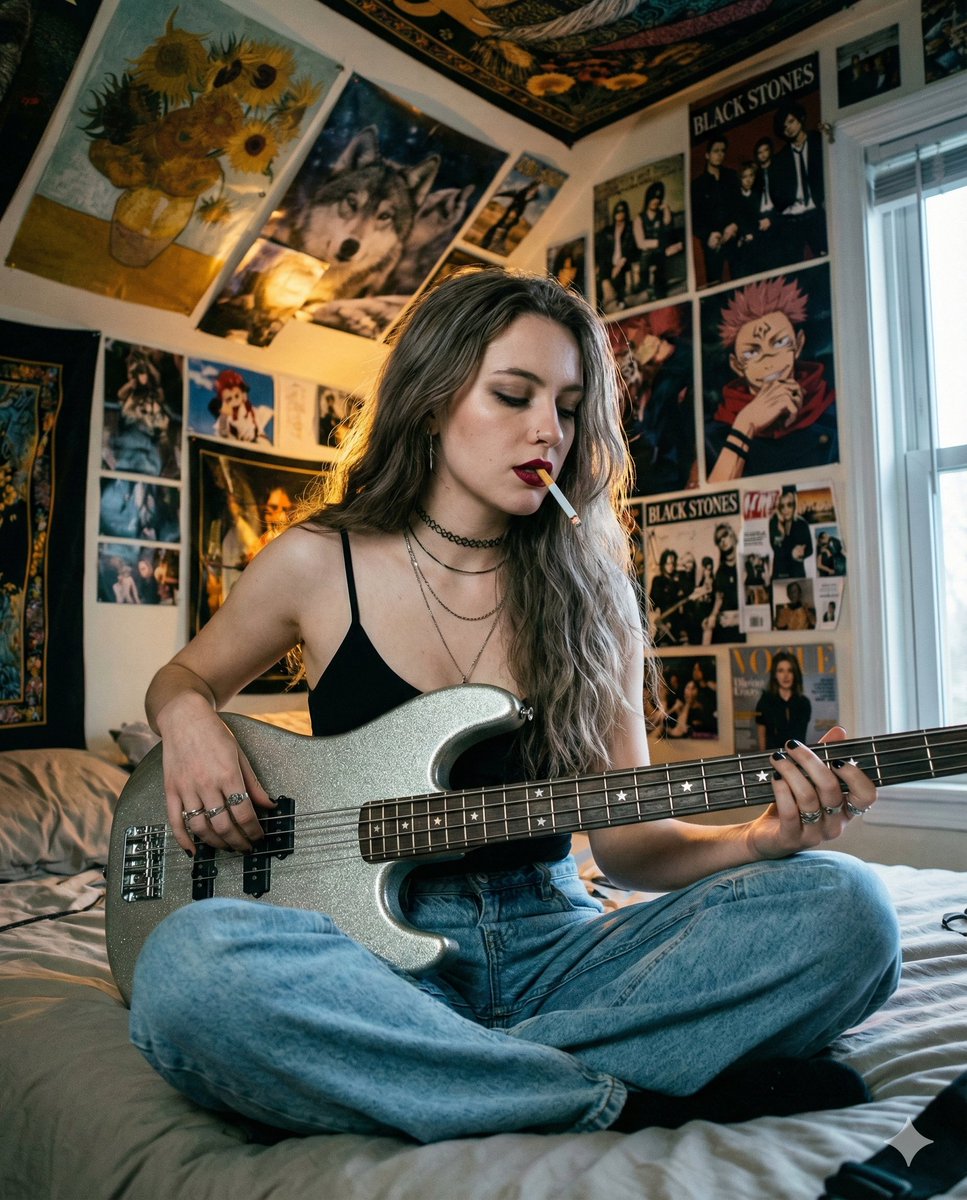Grunge Bedroom Bass Player Portrait — example 1