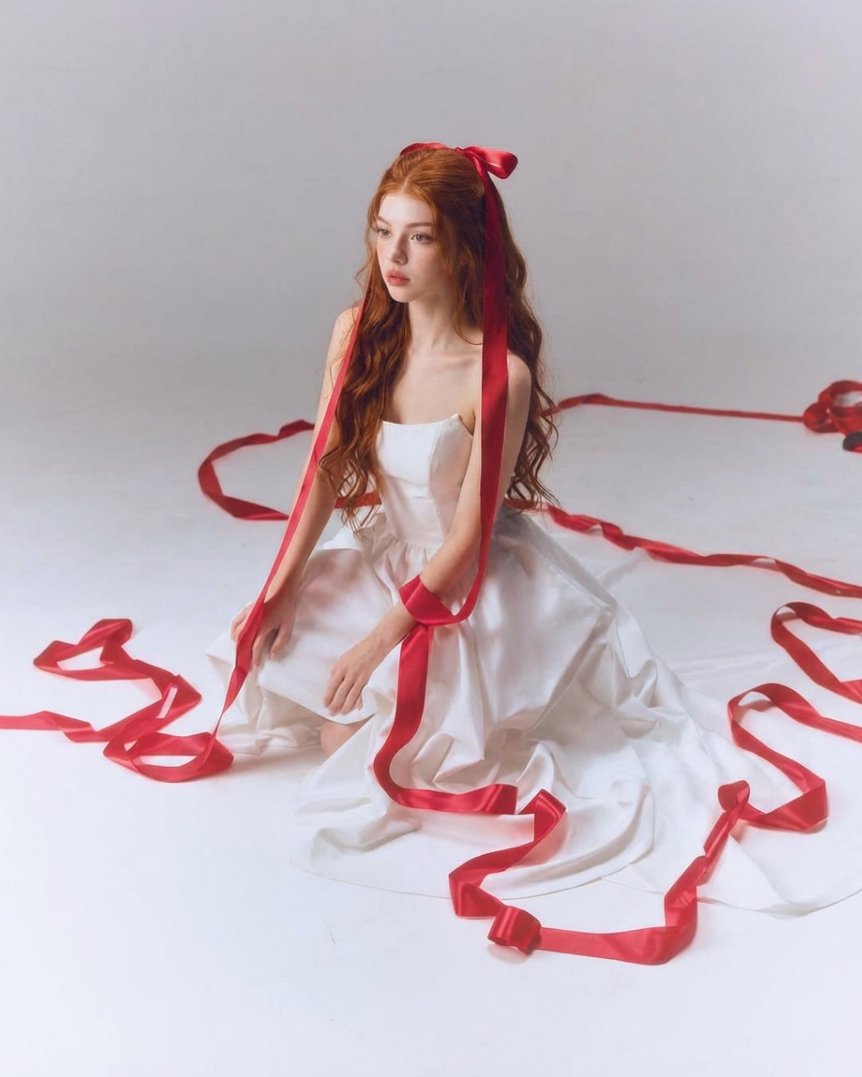 Fine-Art Studio Portrait with Red Ribbons — example 1