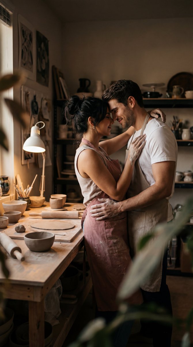 Cinematic Pottery Studio Couple Embrace Prompt — example 1