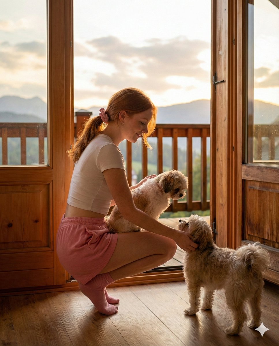 Golden Hour Cabin Portrait with Puppies Prompt — example 1