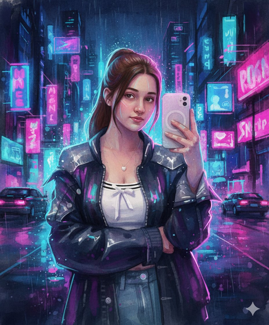 Neon Cyberpunk Watercolor Fusion Illustration Prompt — example 1