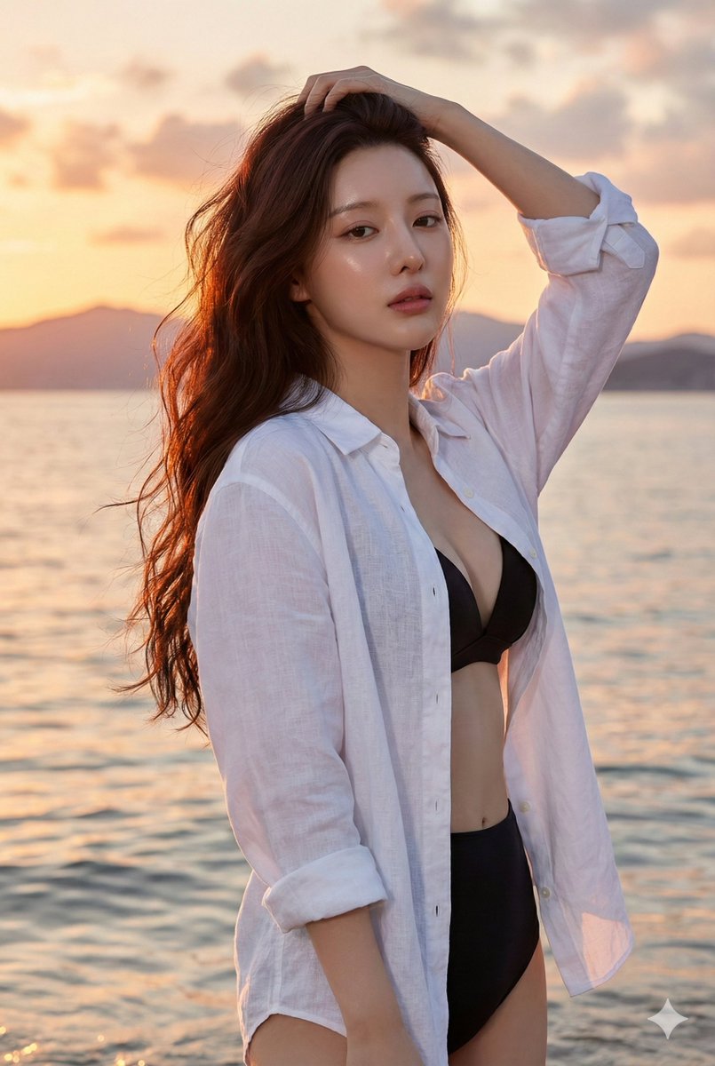 East Asian Woman Beach Portrait at Sunset — example 1
