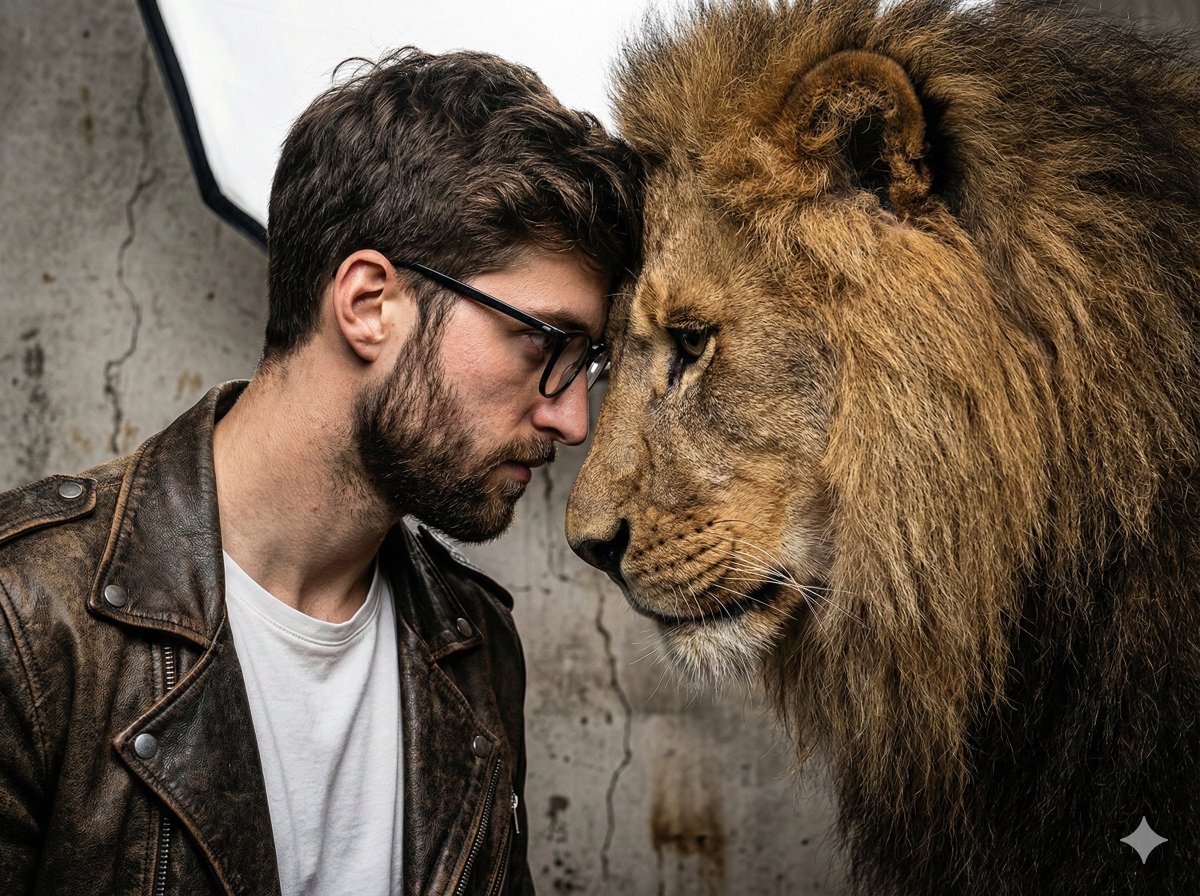 Hyper-Realistic Man and Lion Portrait (Face Preservation) — example 1