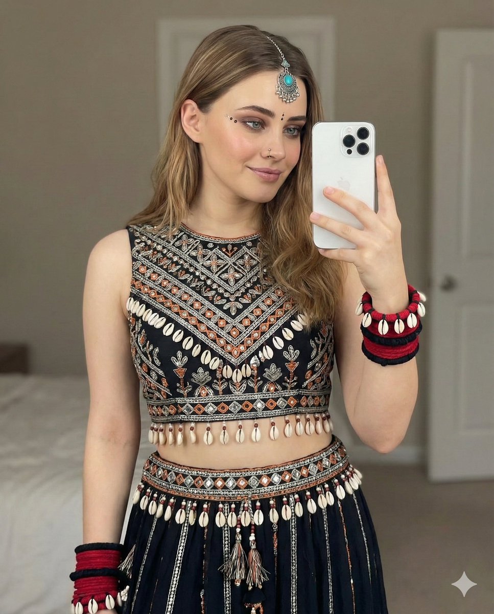Bohemian-Indian Fusion Mirror Selfie Prompt — example 1