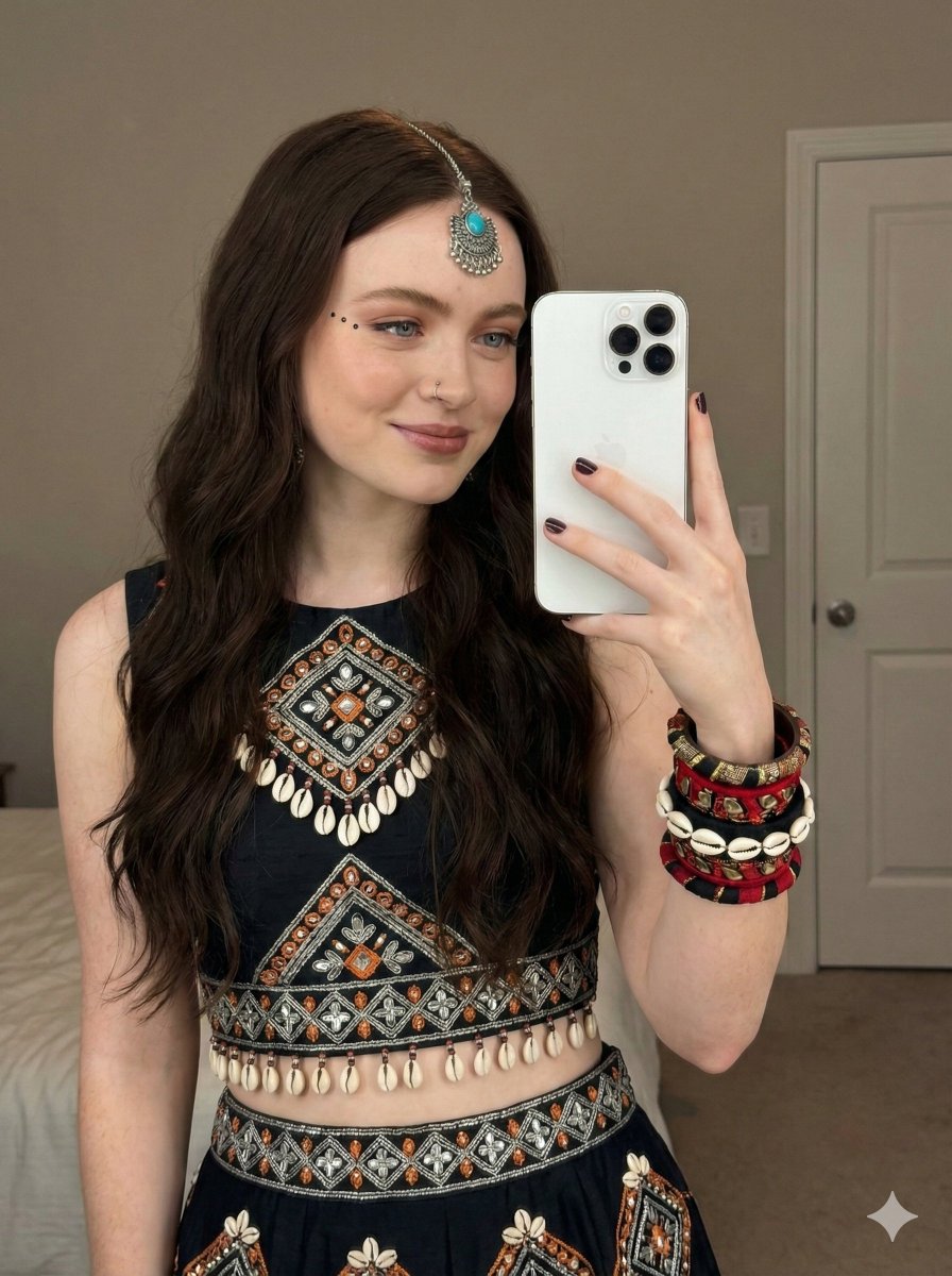 Bohemian-Indian Fusion Mirror Selfie Prompt — example 2