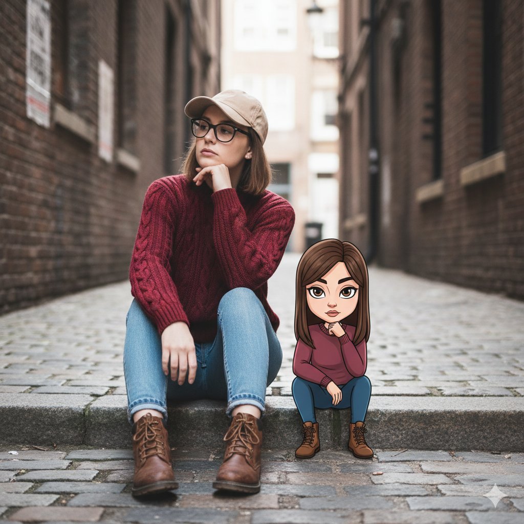 Cinematic Street Portrait with Whimsical Illustrated Avatar — example 1