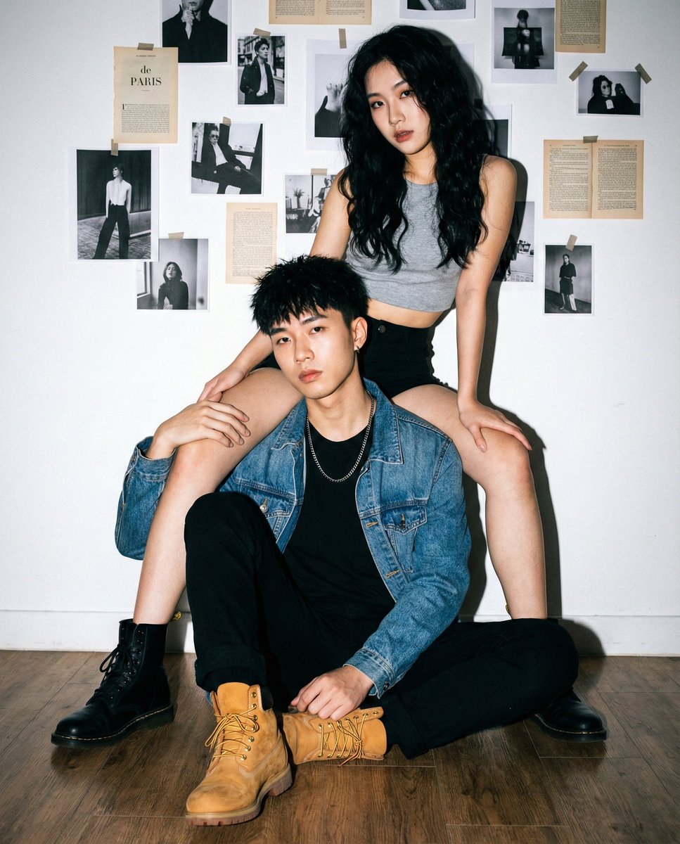 Edgy Asian Couple Portrait with Mismatched Boots and Flash Lighting — example 1