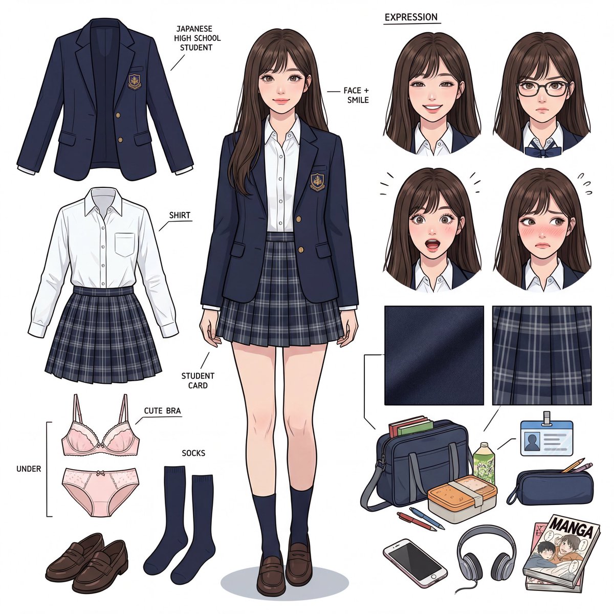 Panoramic Character Concept Sheet for 17-Year-Old Japanese JK — example 1