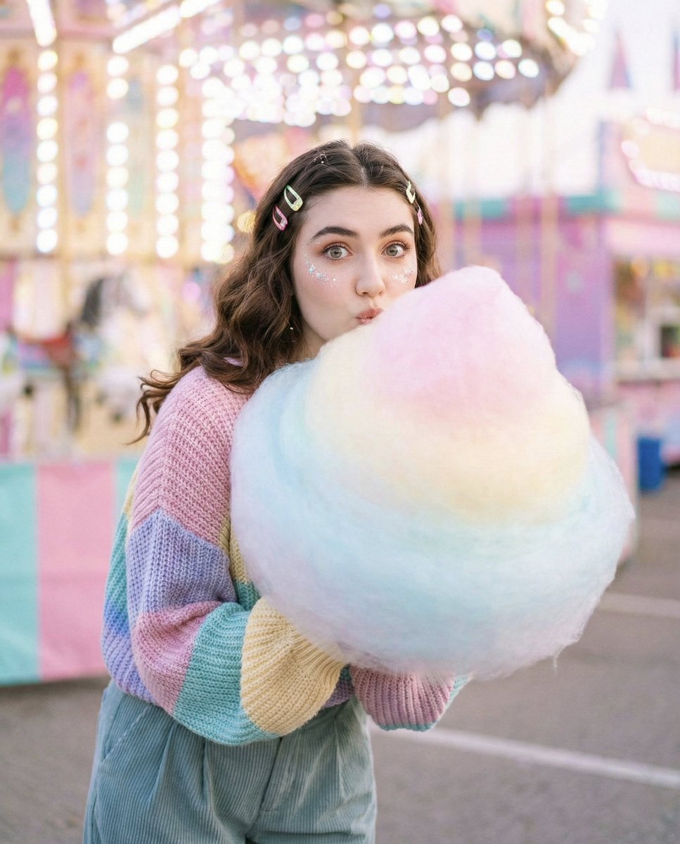 Cozy-Sweet Editorial Portrait with Cotton Candy — example 1