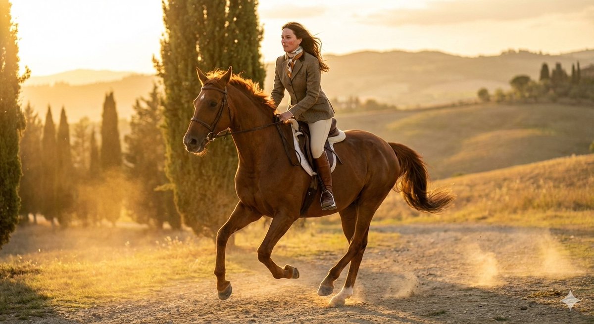 Dynamic Equestrian Model in Tuscan Fields at Golden Hour — example 1