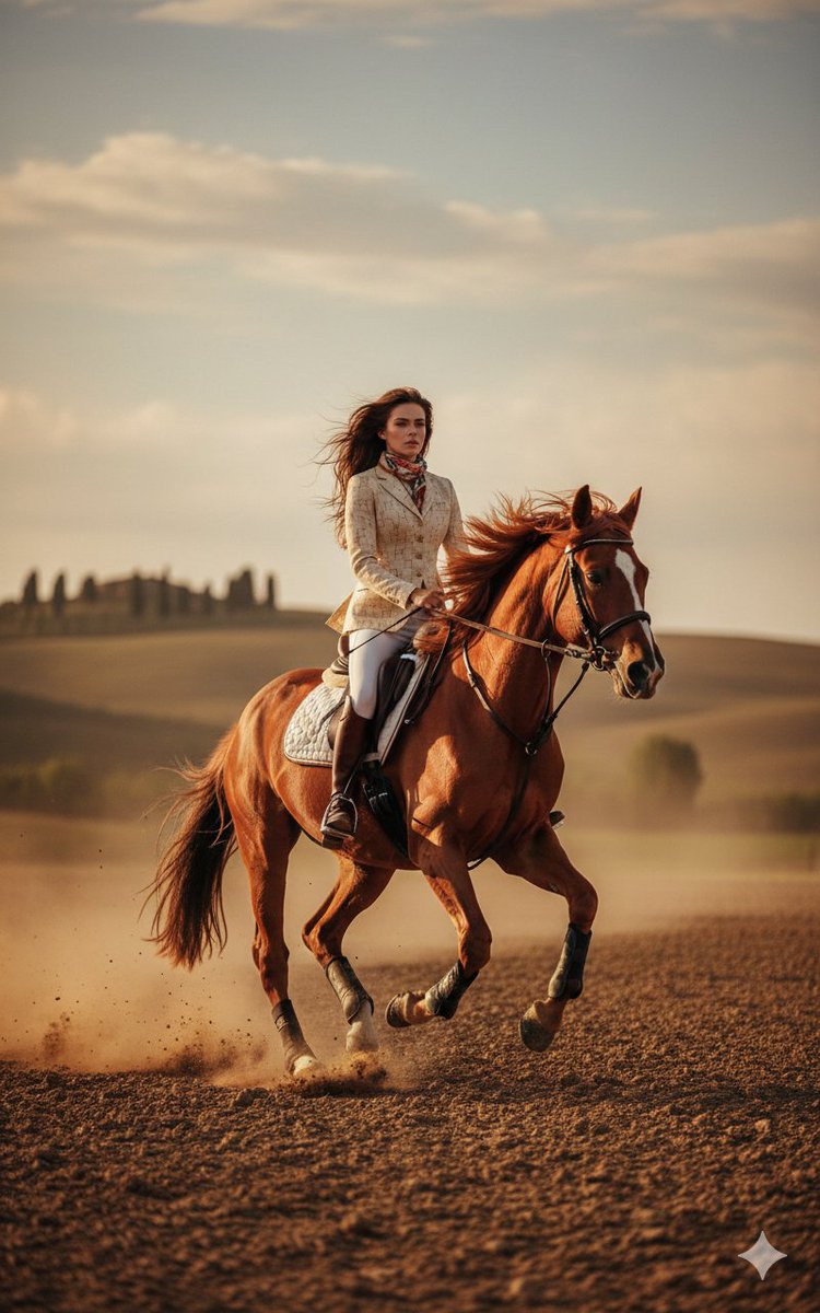 Dynamic Equestrian Model in Tuscan Fields at Golden Hour — example 2