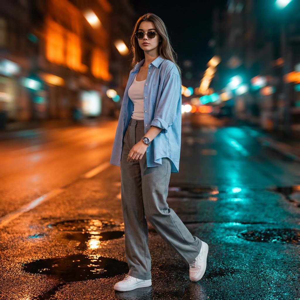 Cinematic Urban Night Portrait with Neon Reflections on Watch — example 1
