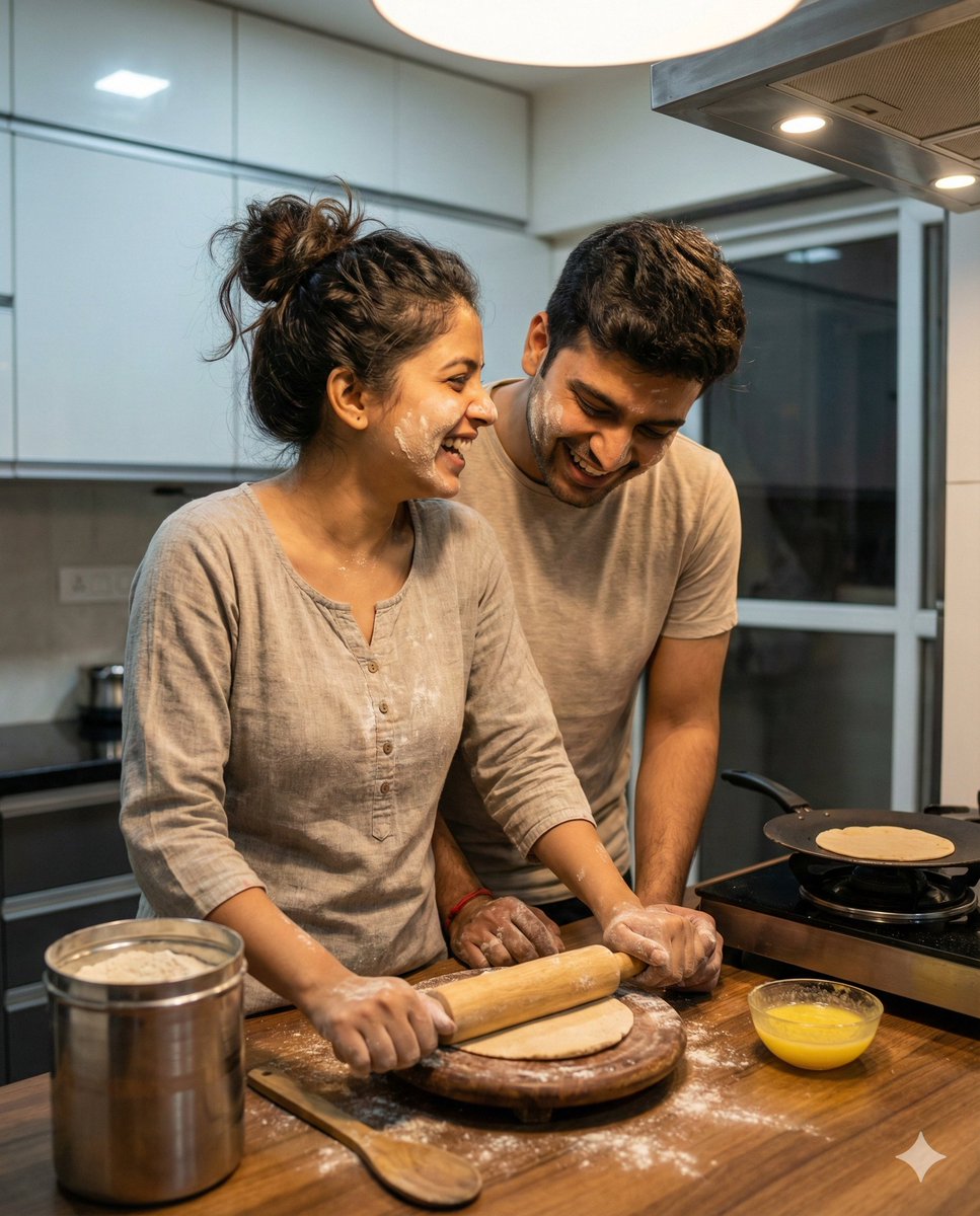 Ultra-realistic Indian Couple Cooking Portrait — example 1