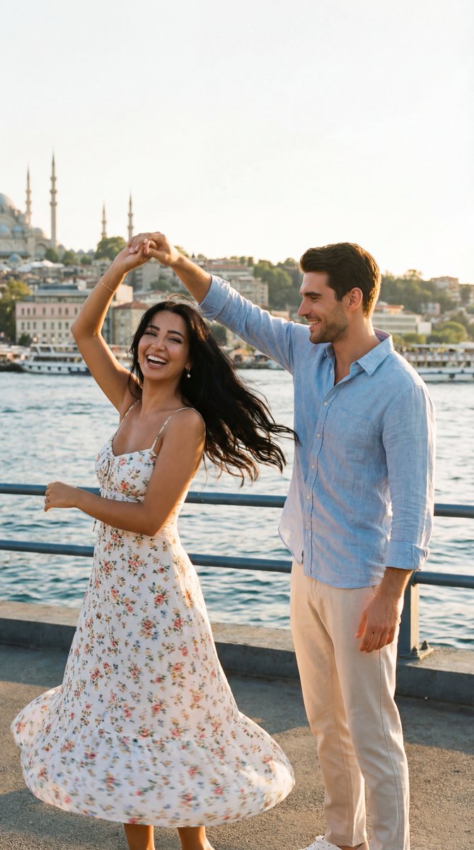 Cinematic Romance: Couple Dancing at Istanbul Sunset