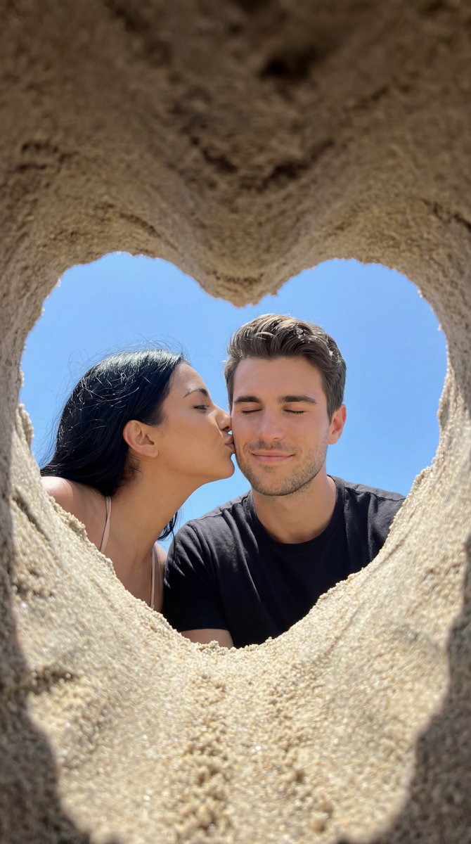Candid Beach Kiss Framed by Sand Heart — example 1