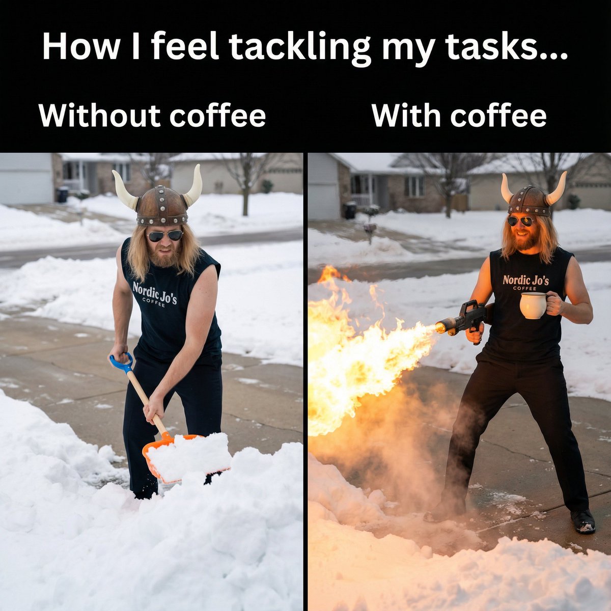 Meme: Shoveling Snow with/without Coffee — example 1