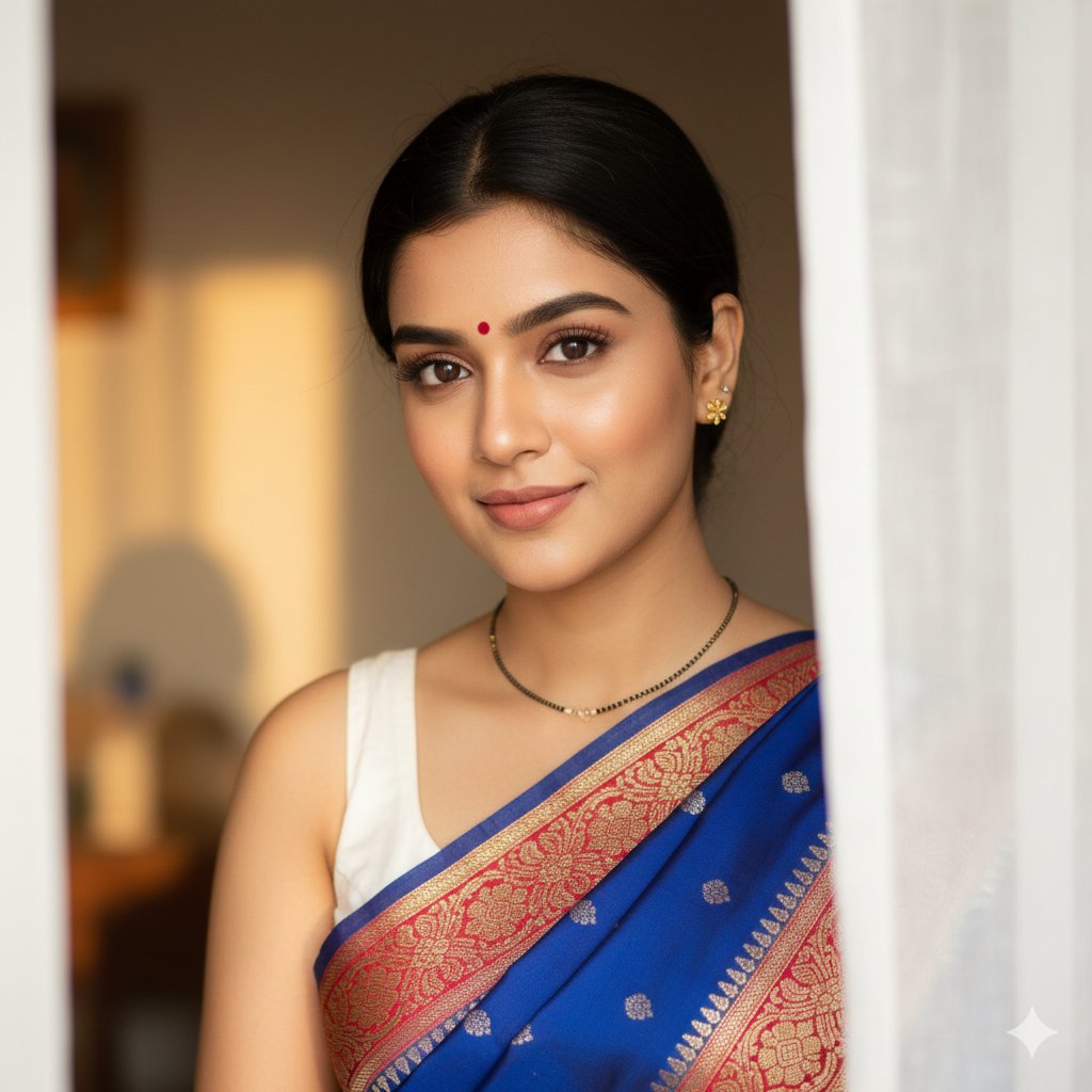 South Asian Woman Portrait with Saree and Sheer Curtains — example 1