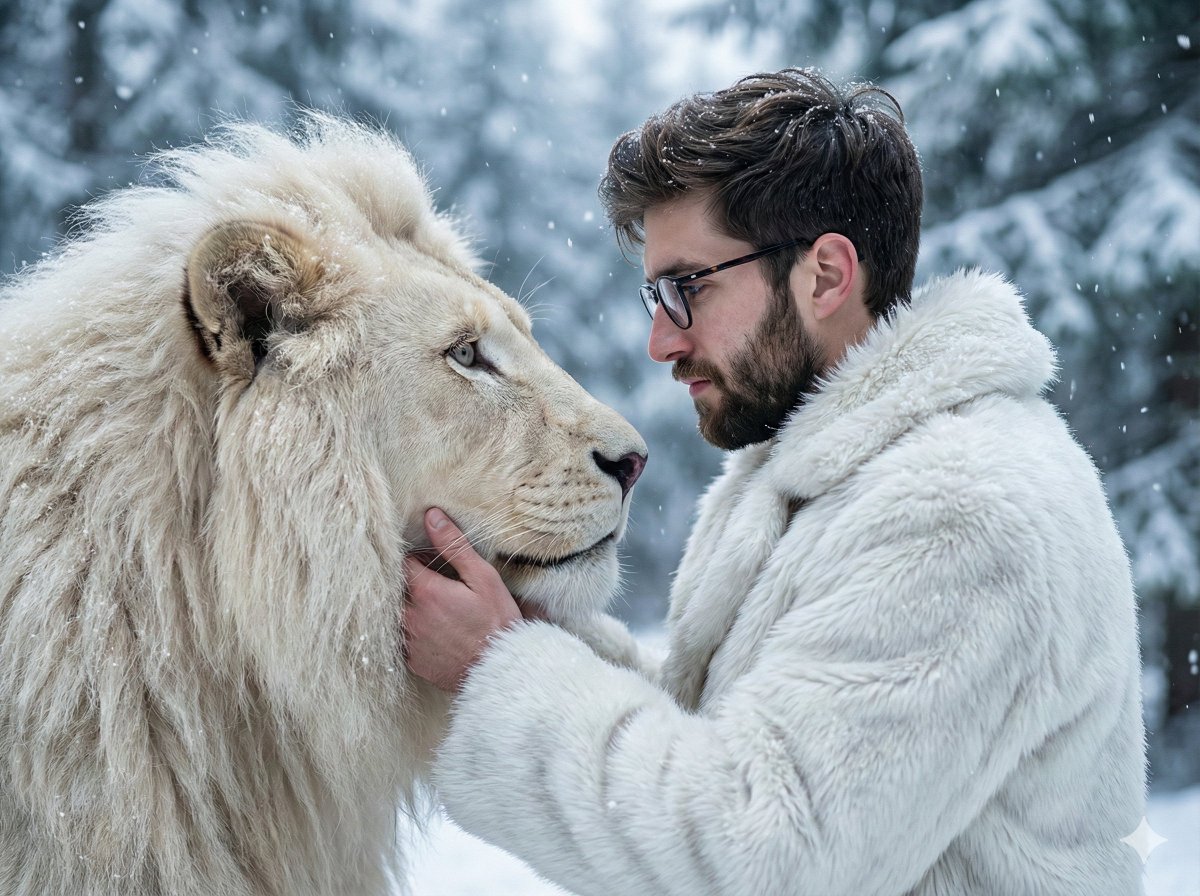 Cinematic Portrait of Man and White Lion in Snowy Forest — example 2