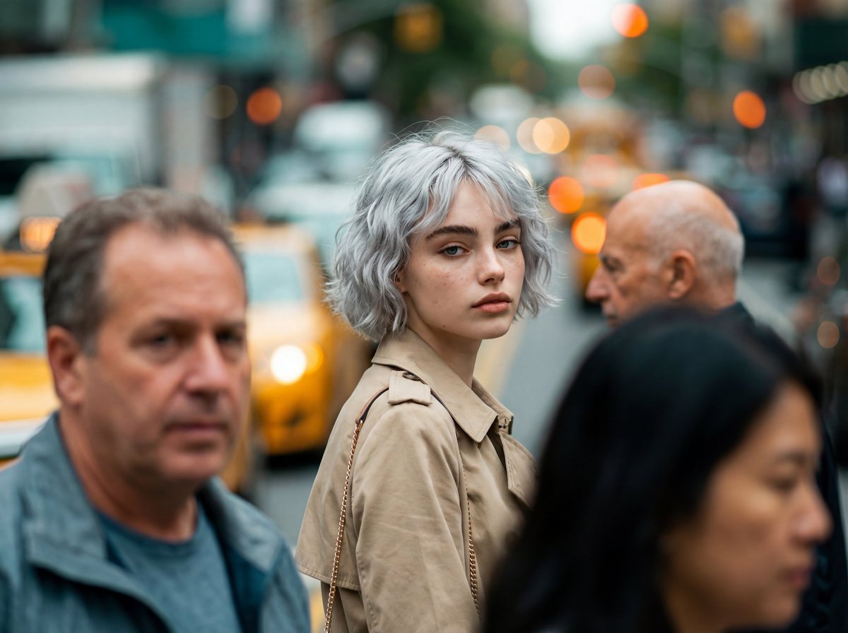 Photorealistic Candid Street-Fashion Portrait with Extreme Bokeh — example 1