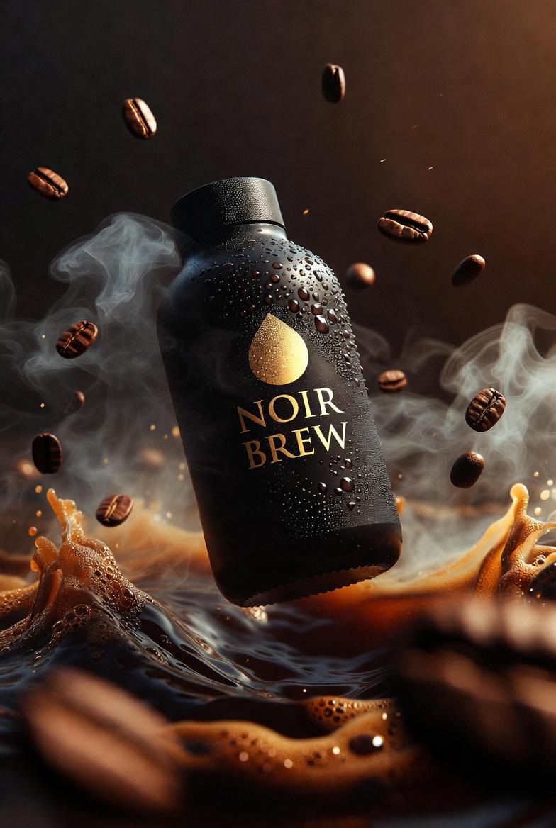 Ultra-Cinematic Product Photography of 'NOIR BREW' Coffee Bottle — example 1