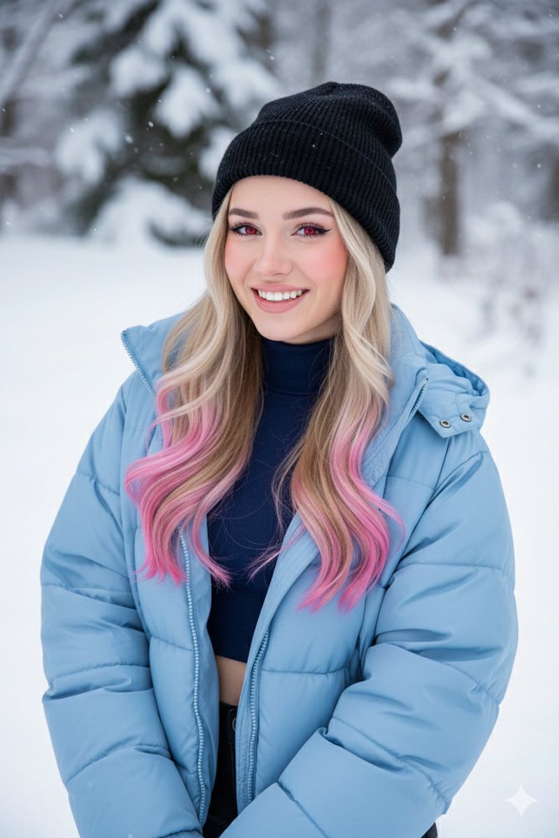 Digital Art Portrait of Girl with Pink-Tipped Hair in Winter — example 1