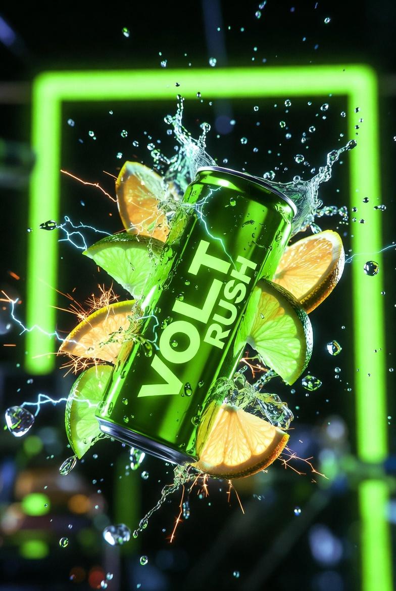 Ultra-Cinematic Product Photography of 'VOLT RUSH' Energy Drink — example 1