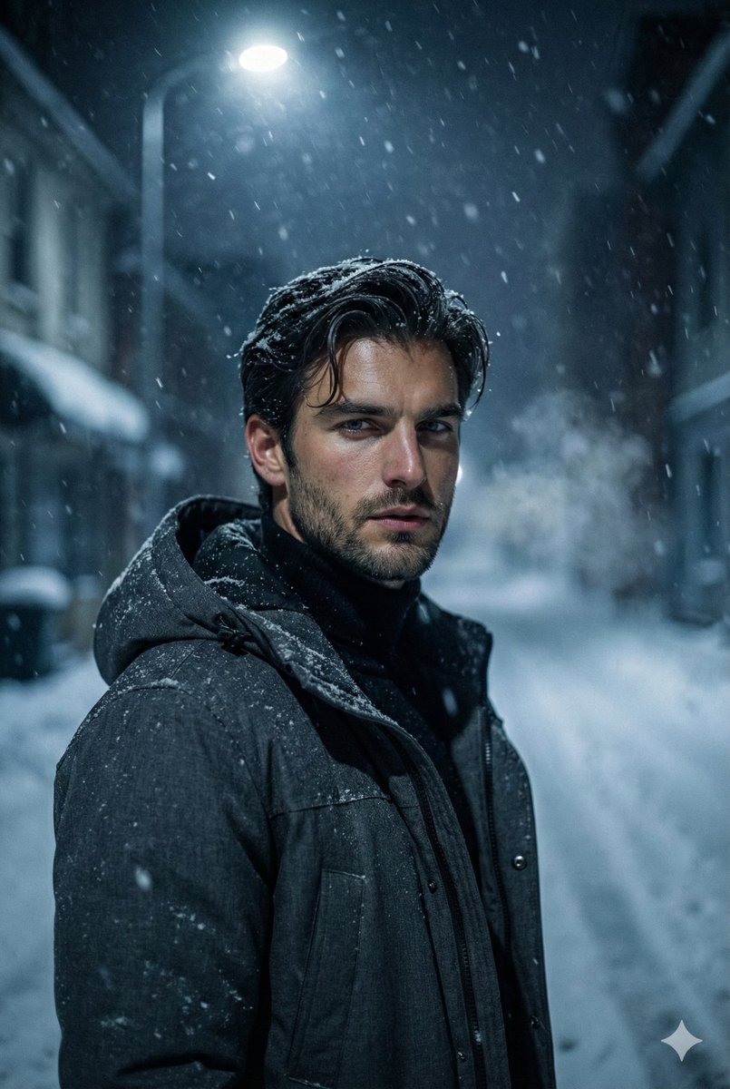 Winter Noir Cinematic Portrait of Man in Snowy Street — example 1