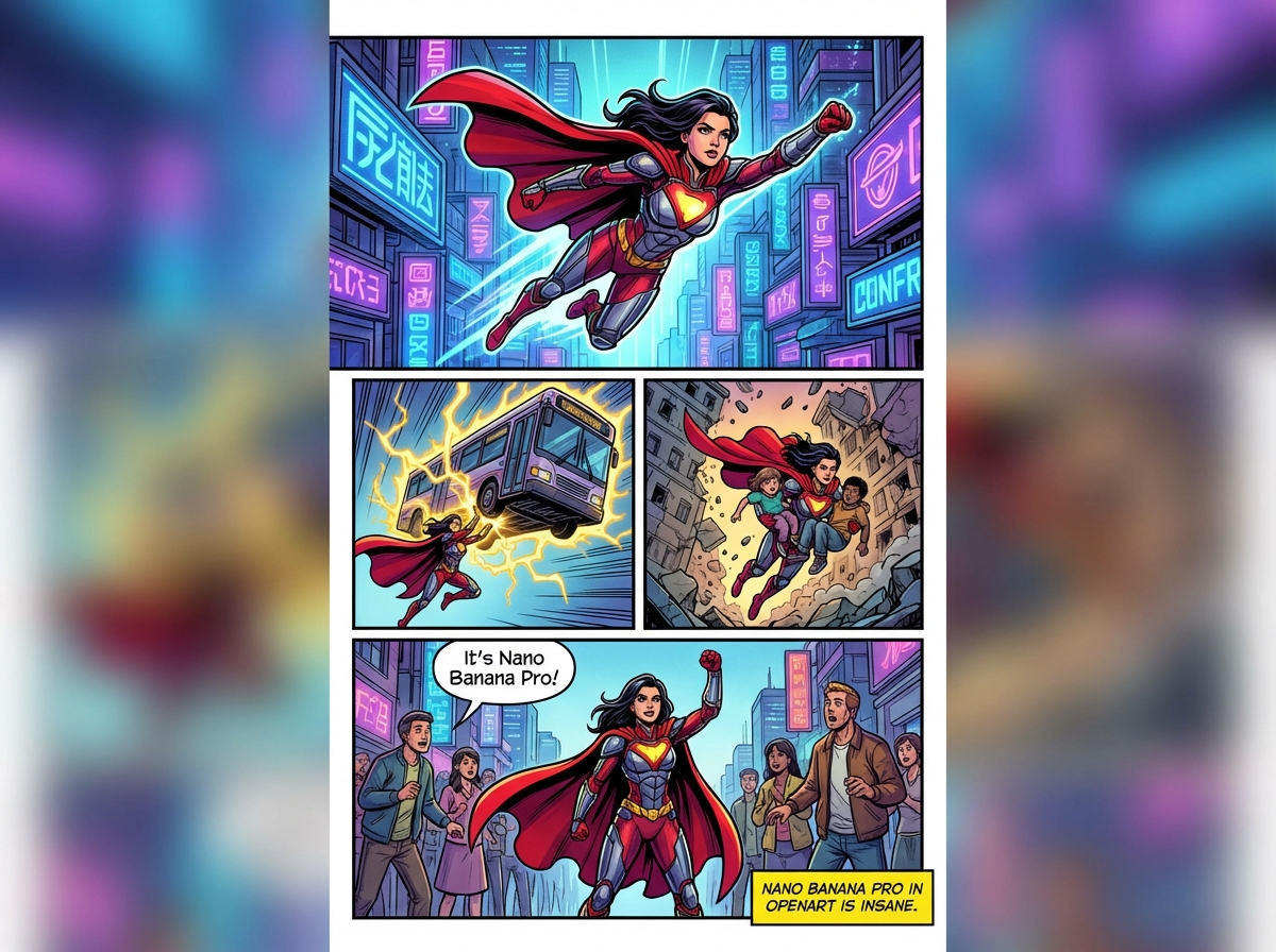 Marvel-style comic storyboard of a heroine — example 1