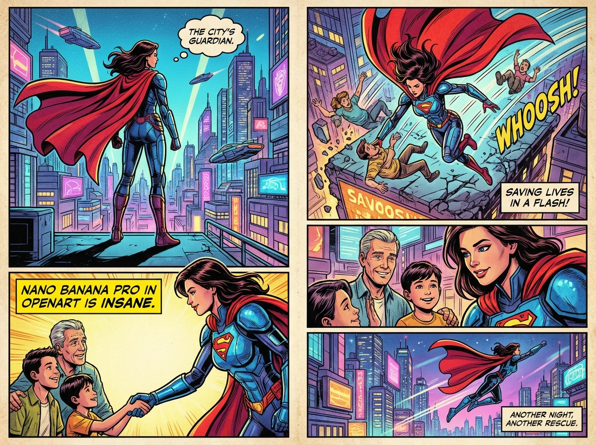 Marvel-style comic storyboard of a heroine — example 2