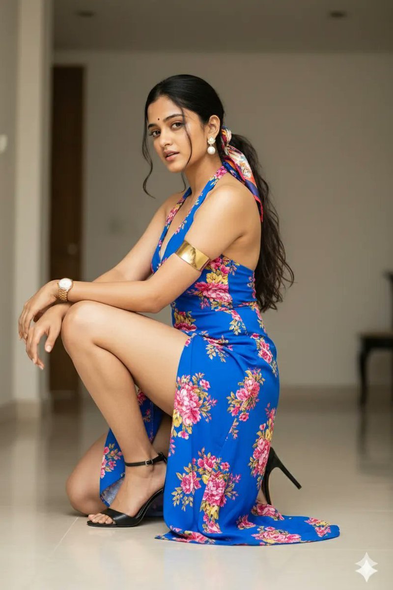 High-Fashion Editorial Portrait of Woman in Floral Halter Dress — example 1