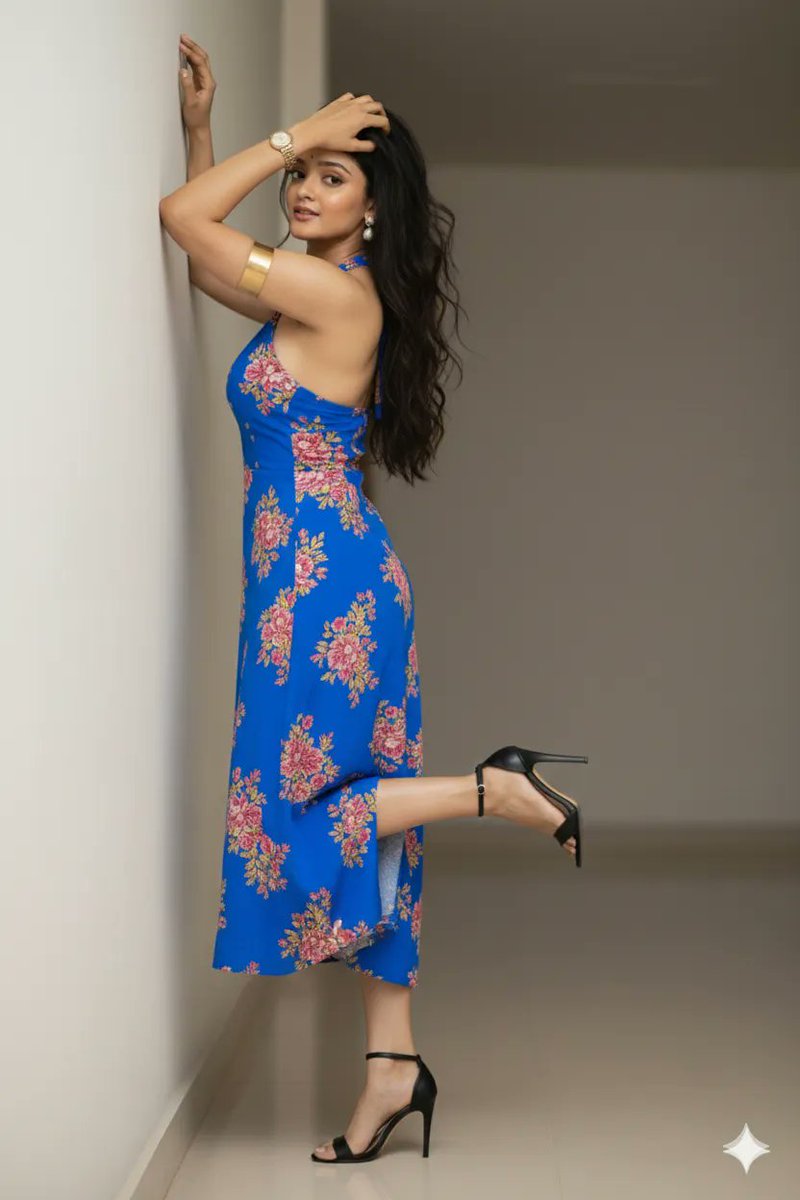 High-Fashion Editorial Portrait of Woman in Floral Halter Dress — example 4