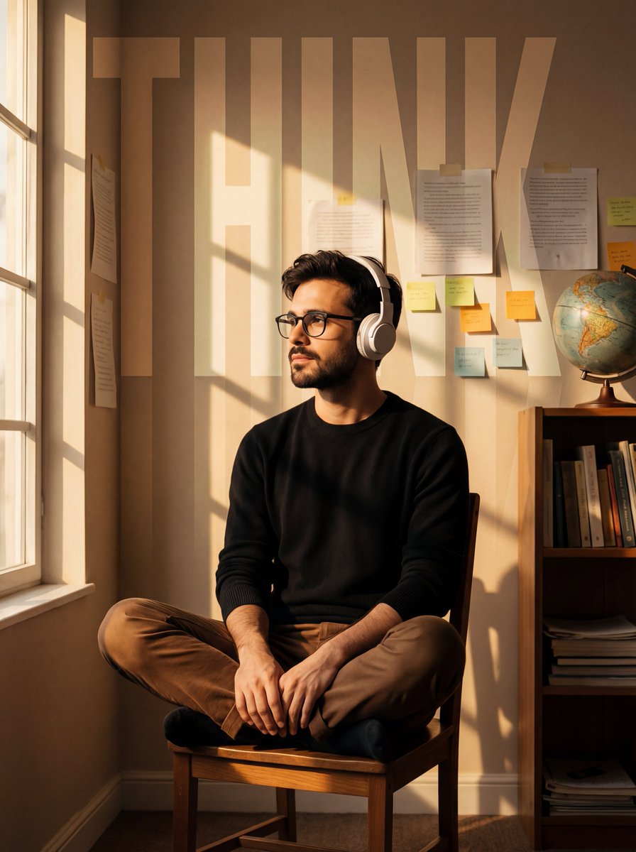 Cinematic Portrait with Window Shadows and Typography Overlay — example 1