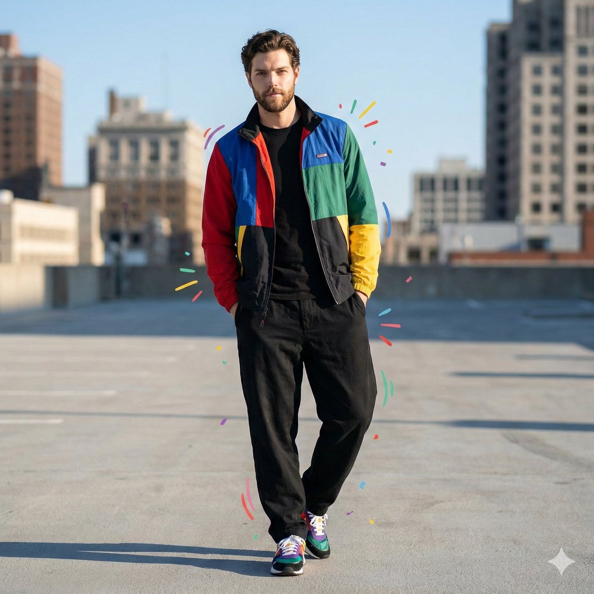 Color-Blocked Fashion Portrait with Graphic Accents — example 1