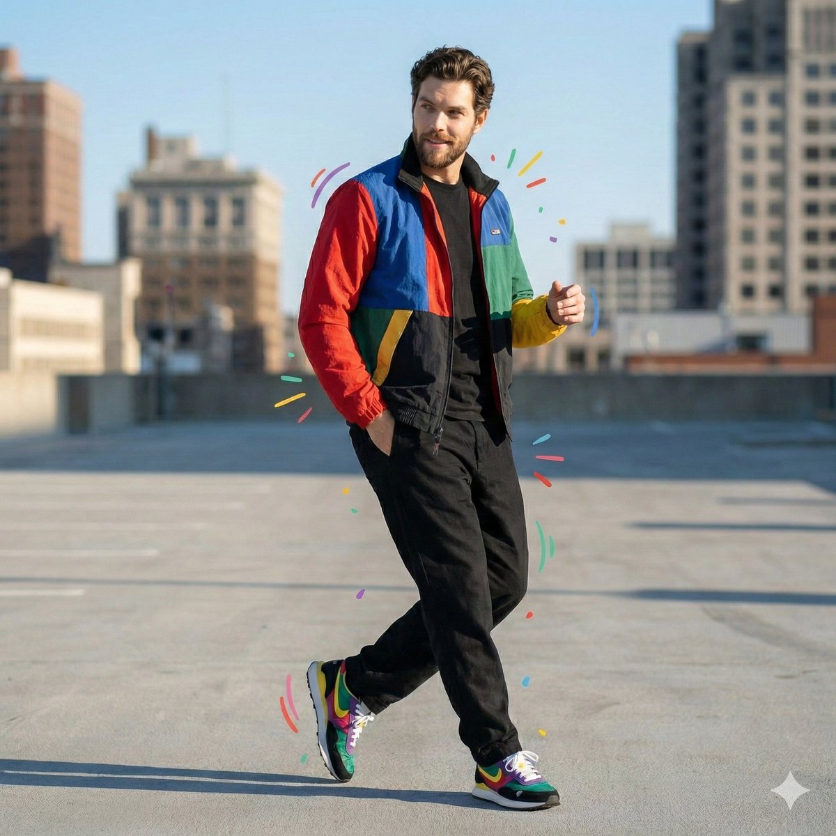 Color-Blocked Fashion Portrait with Graphic Accents — example 2