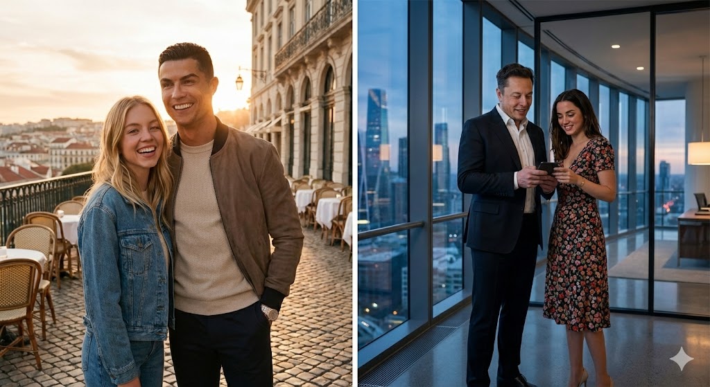 Celebrity Pairing Split-Screen Collage Prompt — example 1