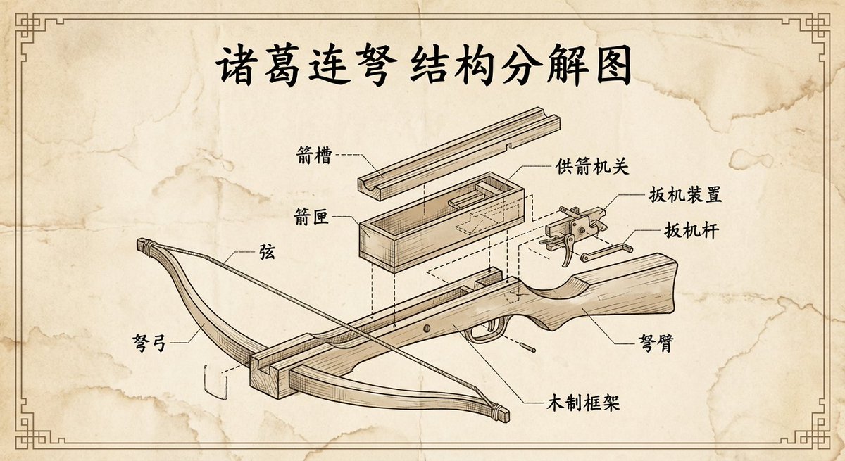 Vintage engineering exploded view of Zhuge repeating crossbow — example 1