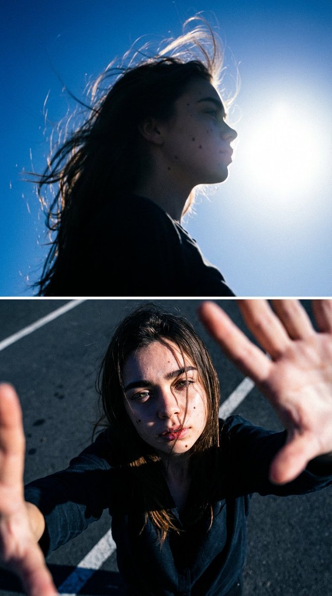 Cinematic Diptych with Identity Lock and Blue Tones — example 1
