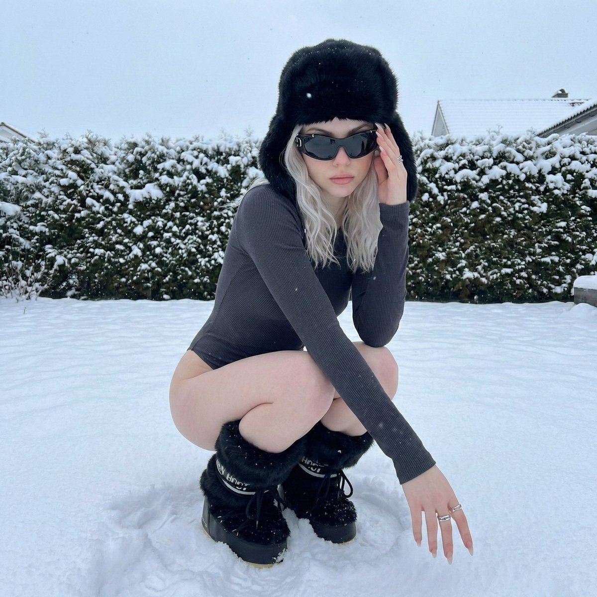 Winter Editorial Low-Angle Squat Pose Prompt (iPhone Style) — example 1