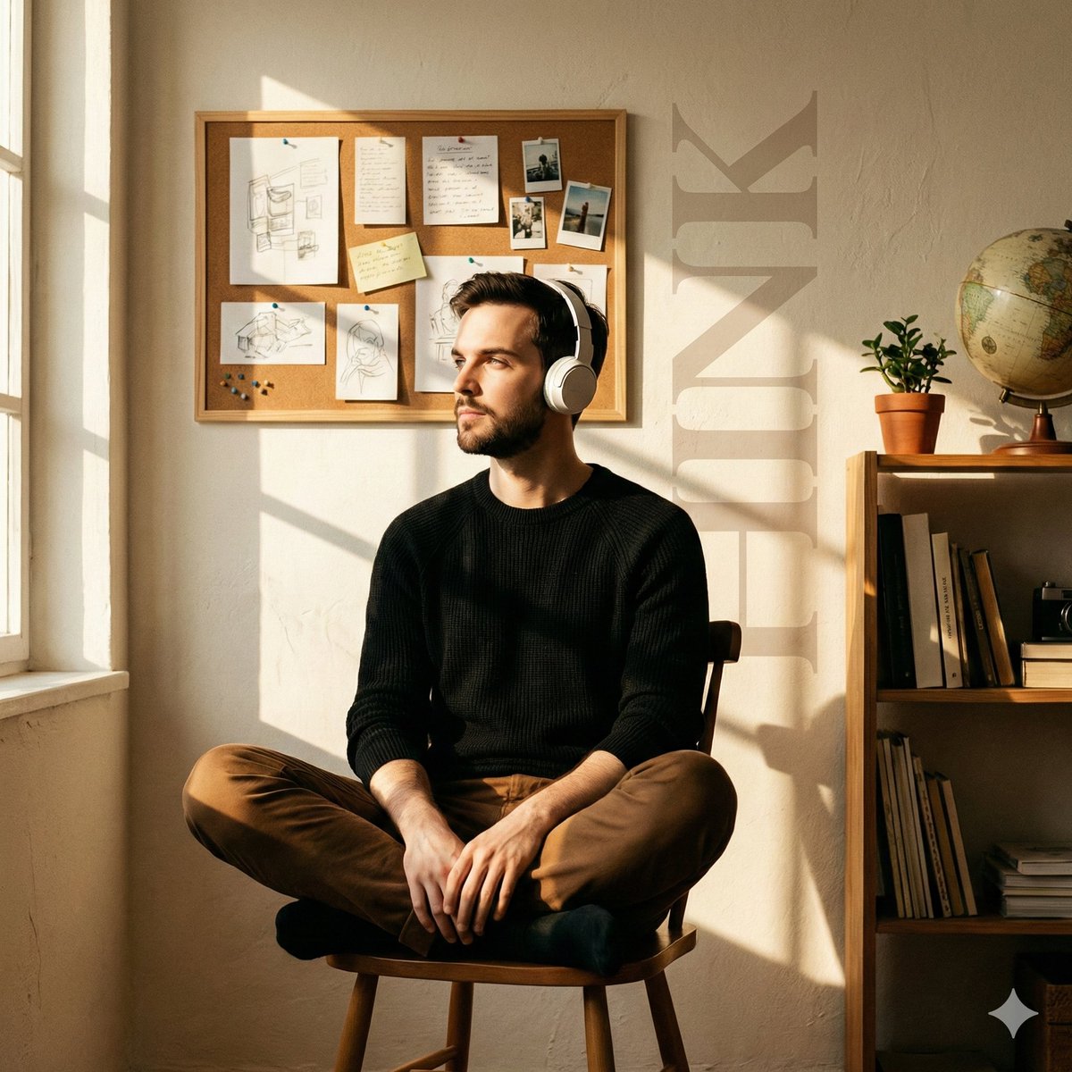 Cinematic Editorial Portrait in a Cafe with Window Shadows — example 1