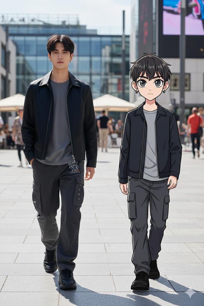64K Street Candid with Cartoon Twin and Custom Branding — example 1
