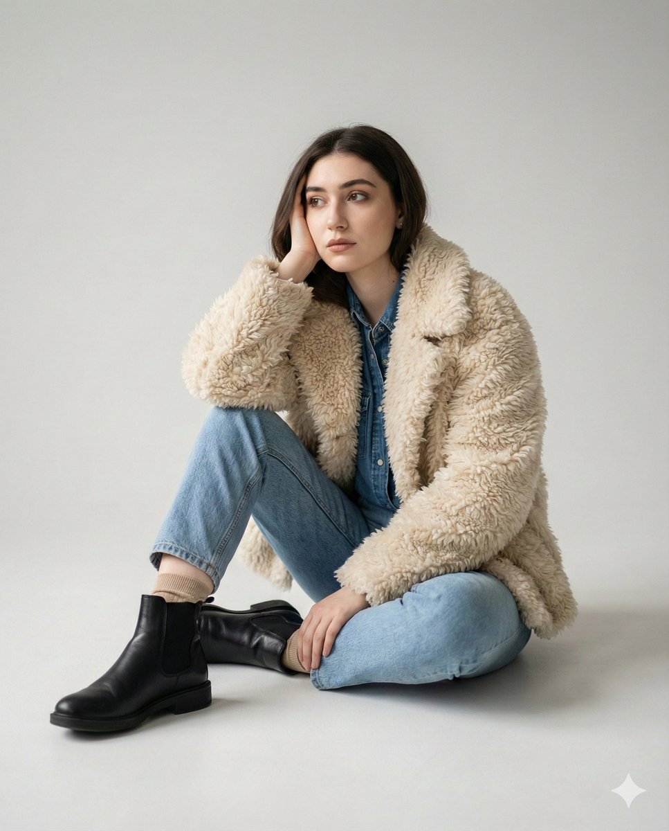 Editorial denim portrait preserving face identity — example 1