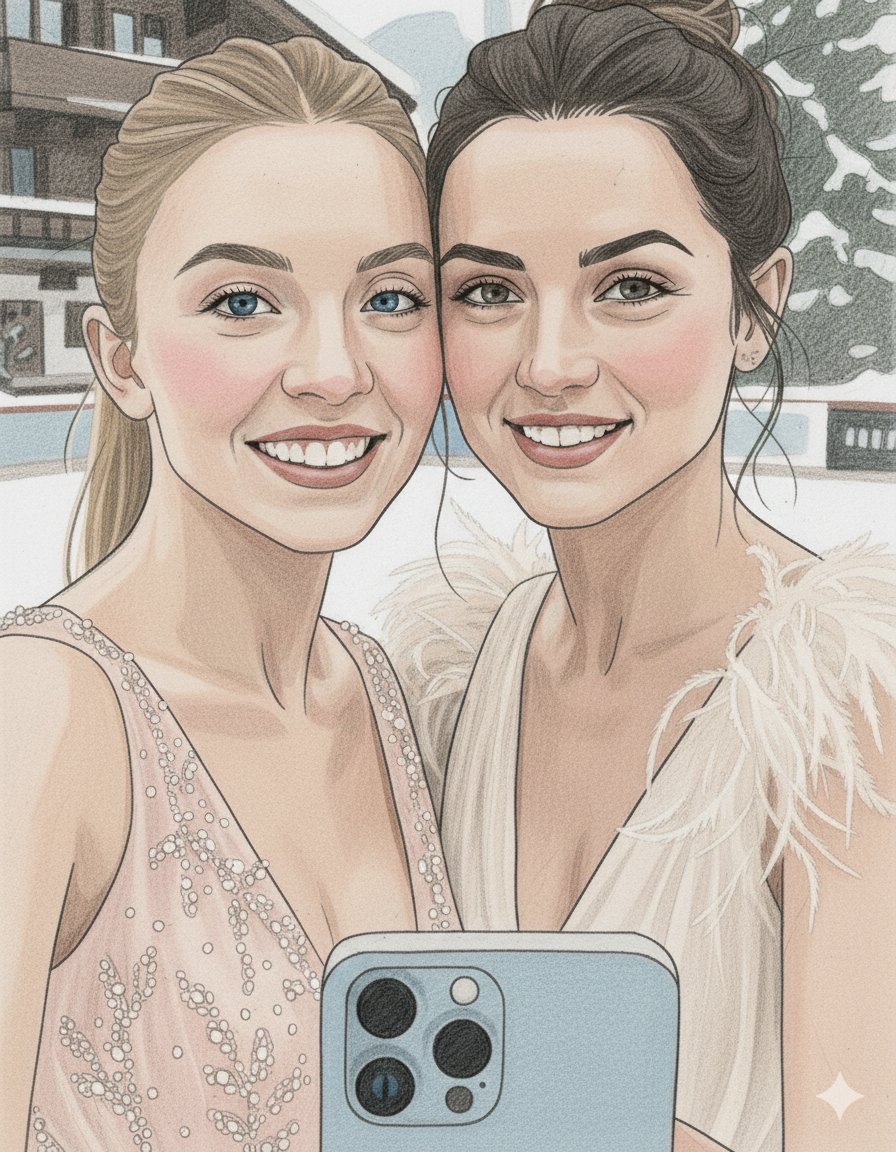 Pencil Sketch of Sydney Sweeney and Ana de Armas Selfie — example 1