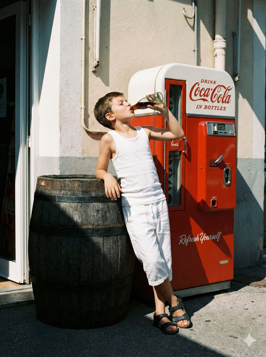 Nostalgic Film Photo of Boy by Coca-Cola Vending Machine — example 1