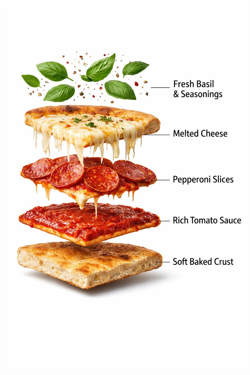 Ultra-Realistic Exploded Pizza Infographic and Motion Prompt — example 1