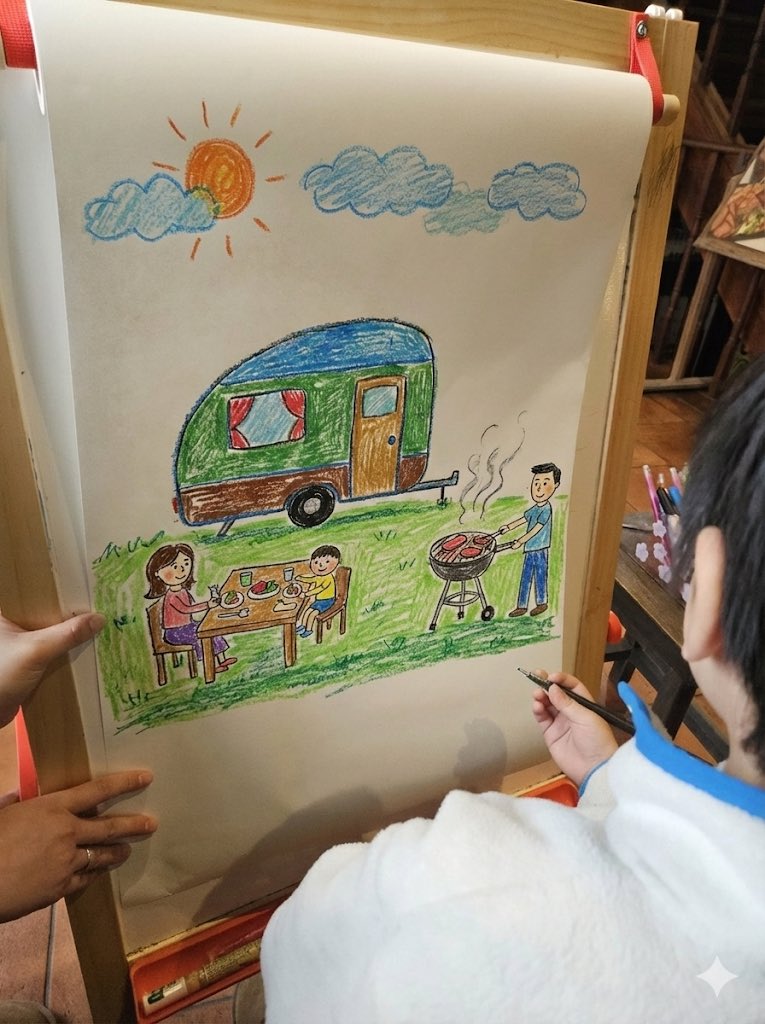 Childlike crayon-style family camping drawing — example 1